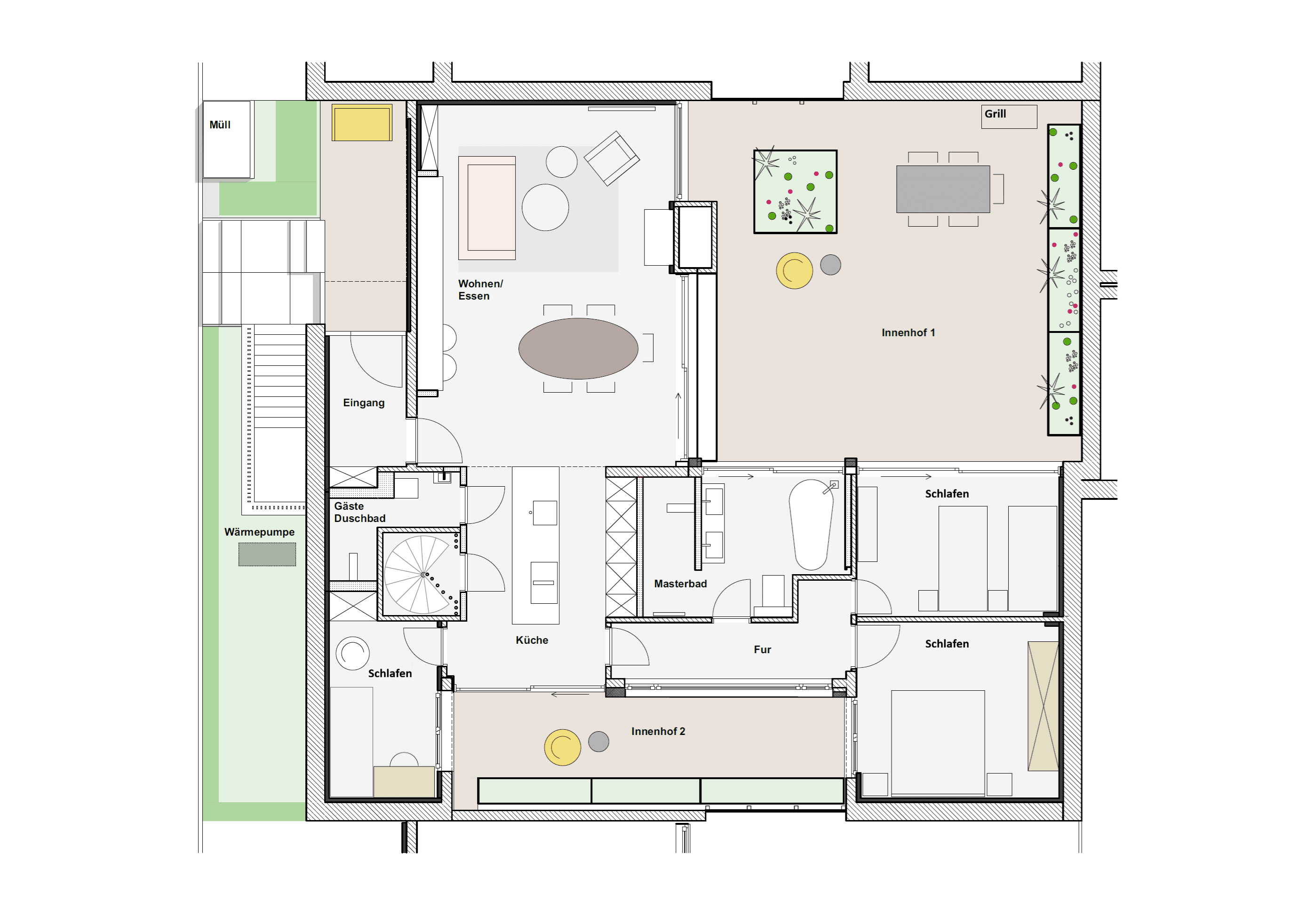 Grundriss des Erdgeschosses mit Wohn-/Ess-/Kochbereich, drei Schlafzimmern, zwei Bädern und beiden Innenhöfen